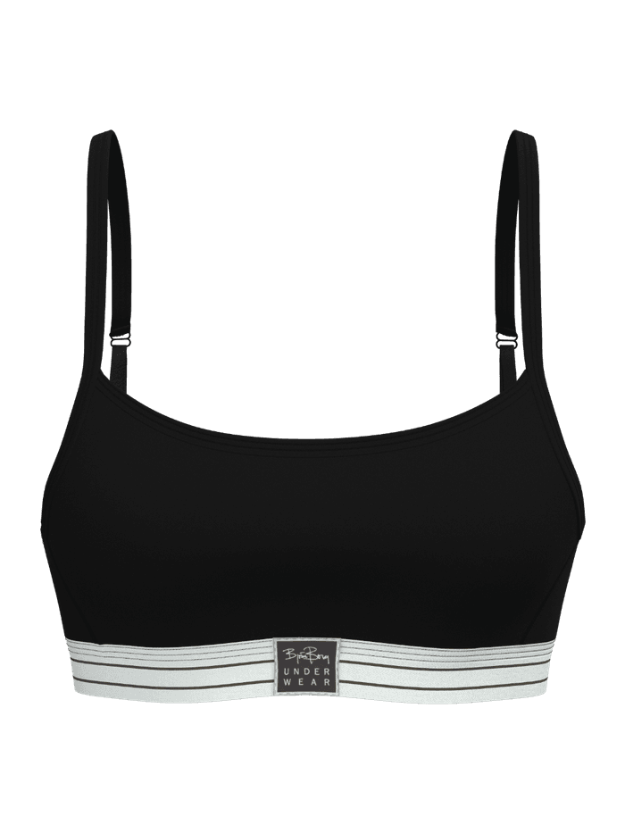 Front view of the Original Bralette in black, featuring soft organic cotton and adjustable straps for a stylish fit.