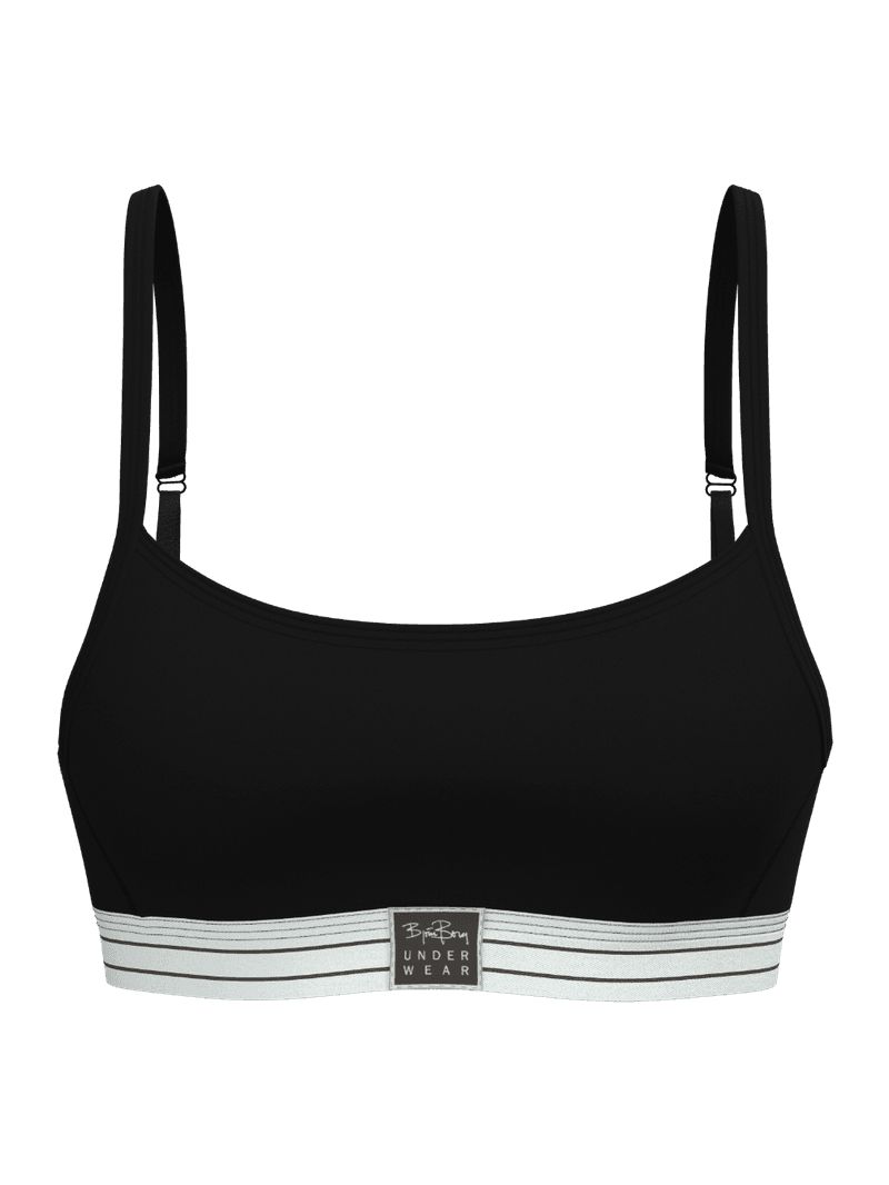Front view of the Original Bralette in black, featuring soft organic cotton and adjustable straps for a stylish fit.