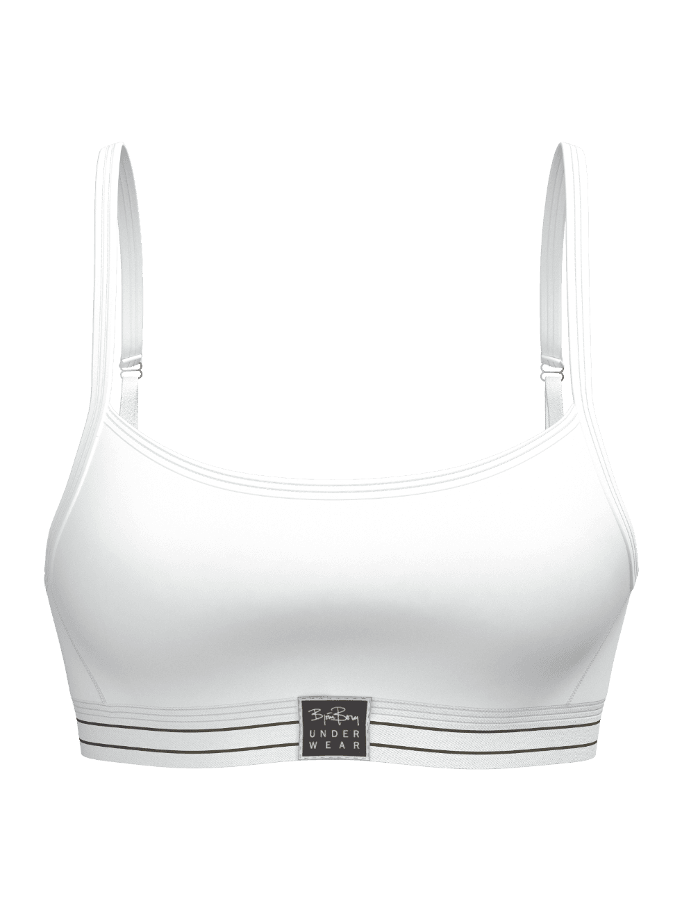 Front view of the Original Bralette in White, featuring organic cotton, adjustable straps, and a striped black logo patch. - Image 1