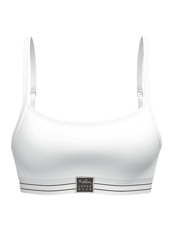 Front view of the Original Bralette in White, featuring organic cotton, adjustable straps, and a striped black logo patch.