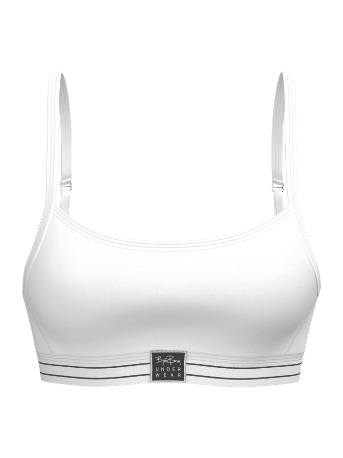 Front view of the Original Bralette in White, featuring organic cotton, adjustable straps, and a striped black logo patch.