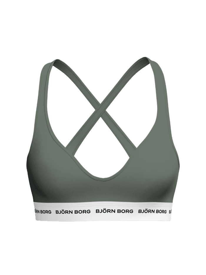 Logo Bralette voor dames in Groen van een zachte katoenmix met een gekruiste rug en een witte band met zwart logo.