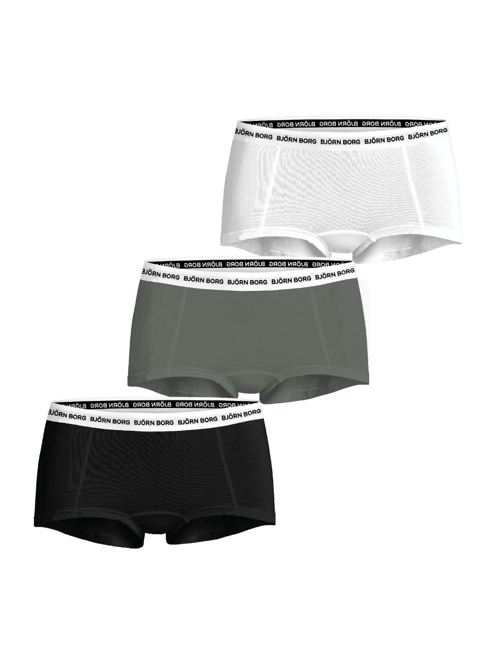 Front view of the women's Logo Boxer Shorts 3-pack in white, green, and black featuring a white Björn Borg logo waistband. - Image 1