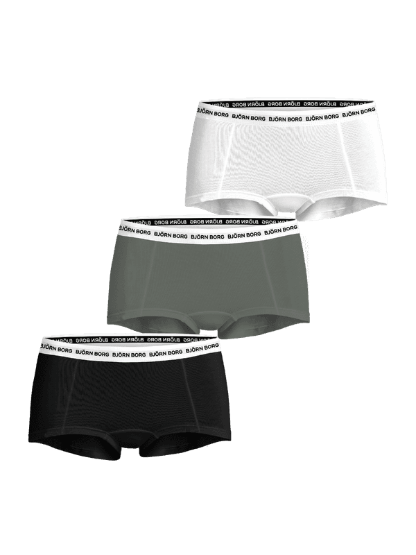 Vorderansicht der Logo Boxer Shorts 3-pack für Damen in Weiß, Grün und Schwarz mit weißem Björn Borg Logo-Gummibund.