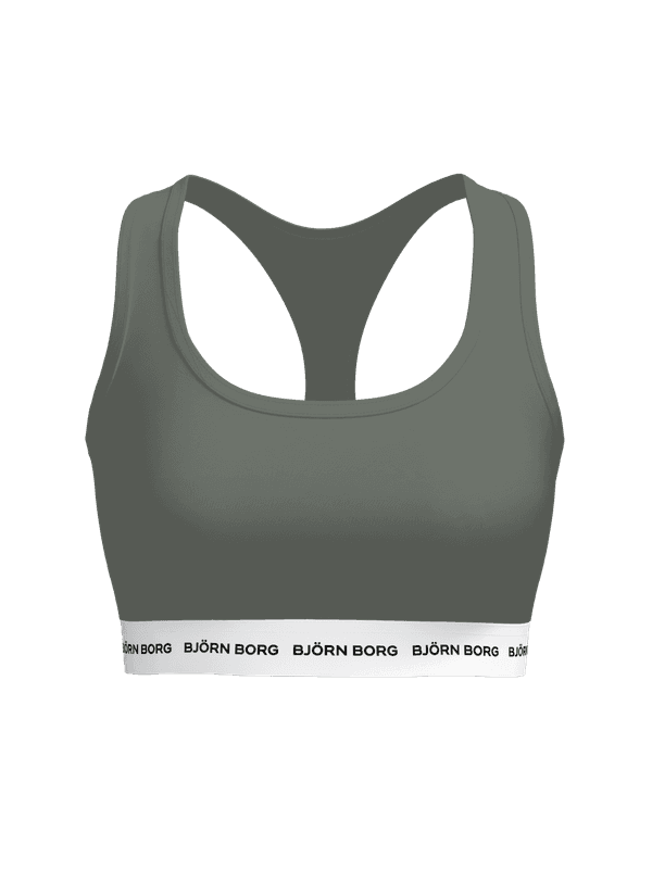 Vorderansicht des Logo Soft Top in Agave Green (Grün) für Damen mit Racerback und schwarzen Logos auf weißem Gummibund.