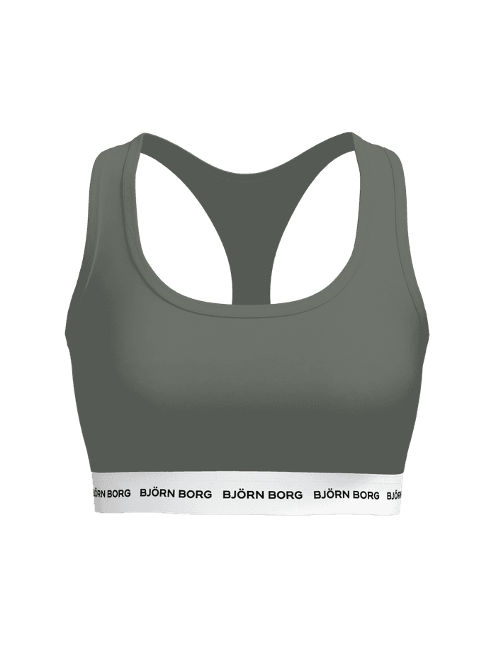 Groene Logo Soft Top voor dames met racerback-pasvorm en zwarte logo's op de witte elastische band, vooraanzicht.