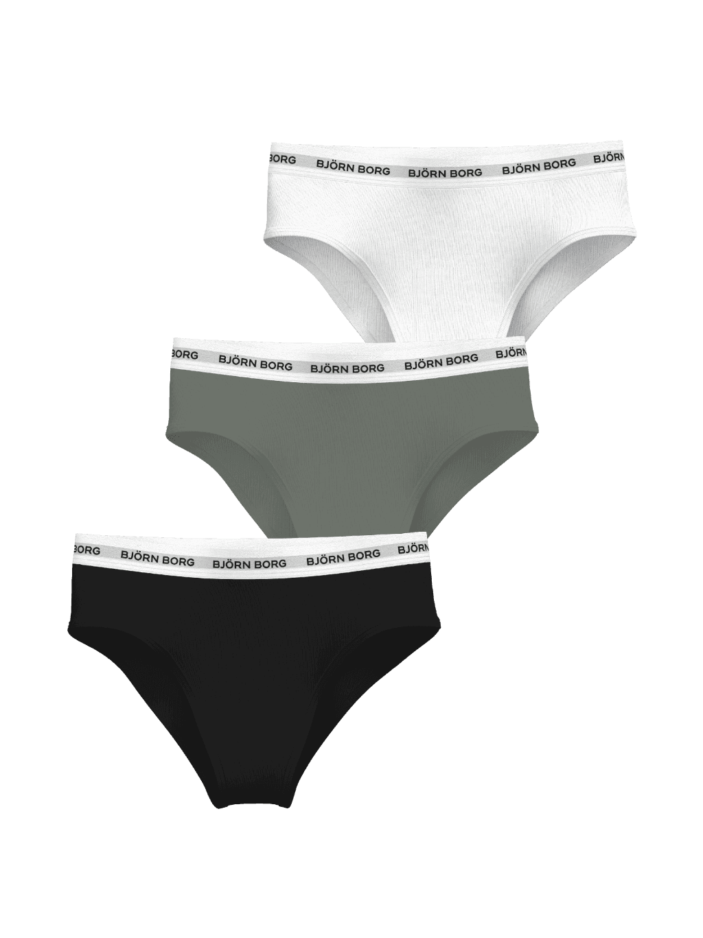 Front view of Logo Highwaist Briefs 3-pack in white, green, and black with black logos on white elastic and flattering fit. - Image 2