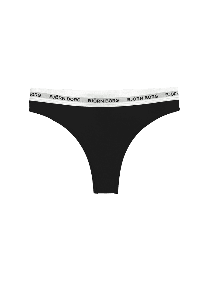 Vorderansicht der schwarzen Logo Thongs 3-pack aus Baumwolle mit schwarzem Logo auf weißem Bund und mittlerer Leibhöhe. - Image 2