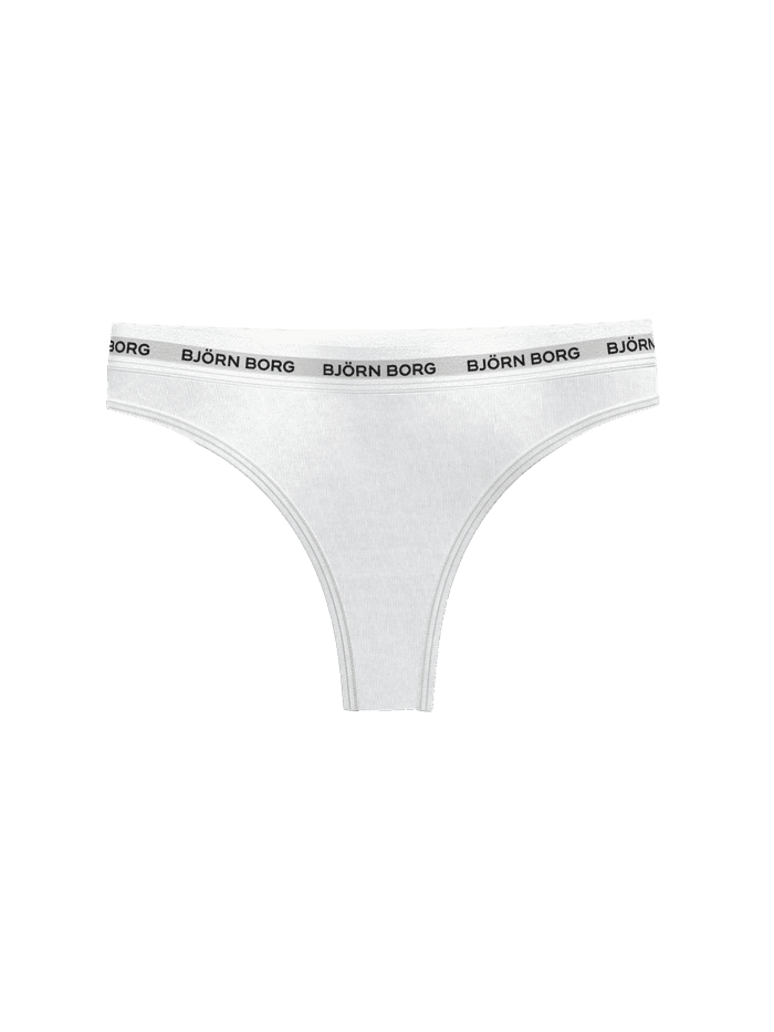 Vorderansicht der weißen Logo Thongs 3-pack für Damen aus Baumwolle mit schwarzem Logo-Bund und bequemer Passform. - Image 5
