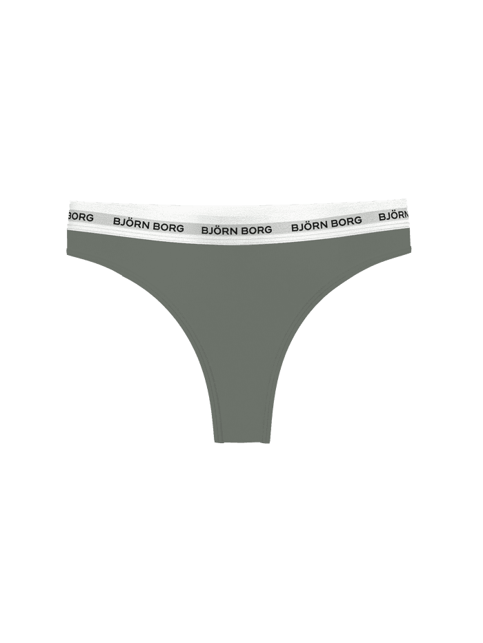Vorderansicht des grünen Logo Thongs 3-pack für Damen aus Baumwolle mit schmaler Passform, weißem Bund mit schwarzen Logos. - Image 4