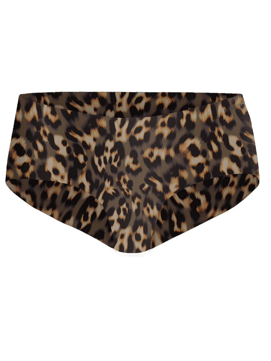 Vue de face de l'Invisible Hipsters 3-pack à imprimé léopard marron en microfibre douce aux bords découpés au laser. - Image 3