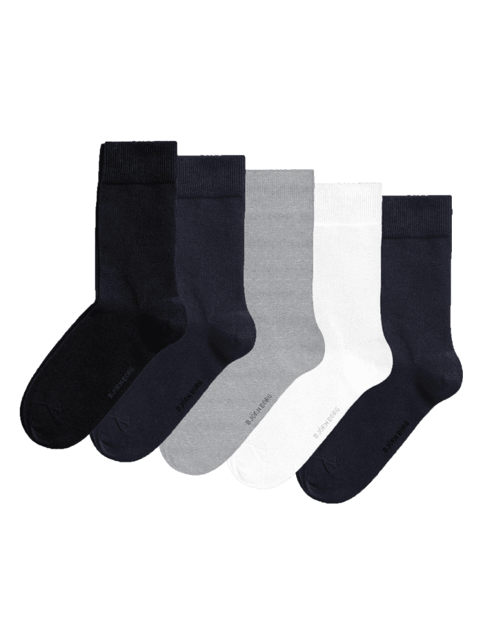 Björn Borg Essential Socks 5-pack in black, navy blue, white, and melange, featuring a soft cotton blend and ribbed cuffs.