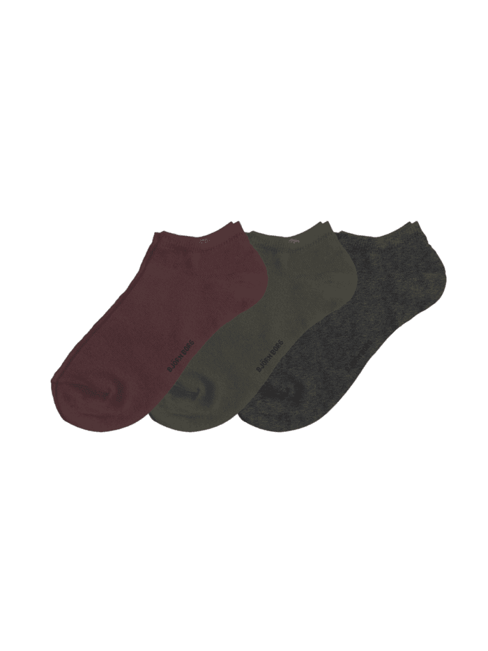 Björn Borg Essential Ankle Socks 3-pack i grått, grönt och rött i en mjuk bomullsblandning med ribbade muddar.
