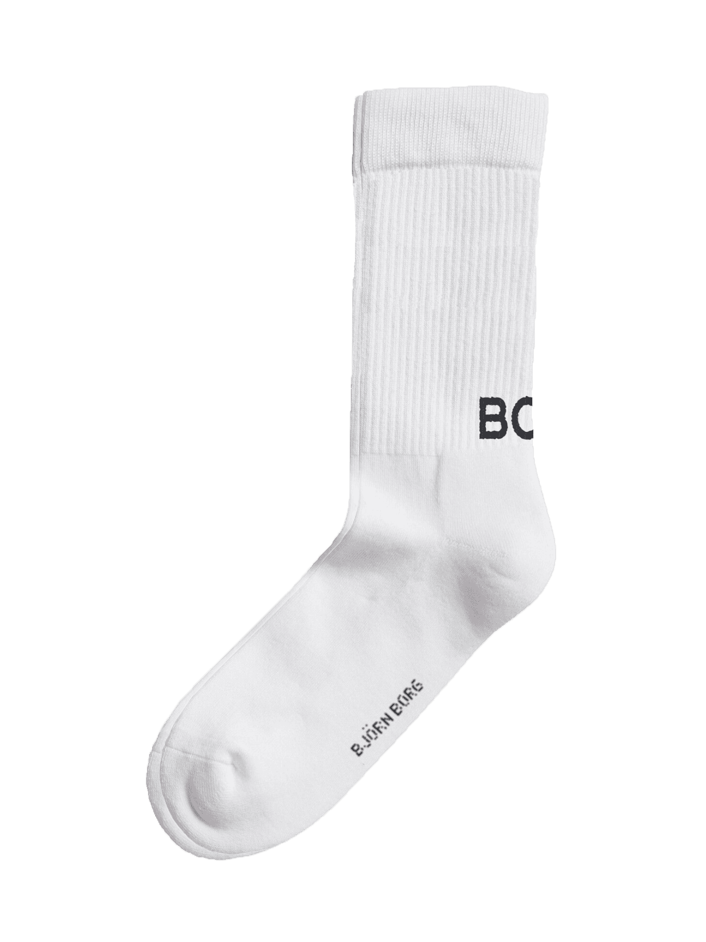 Side view of white Classic Polyamide Crew Socks 3-pack with ribbed cuffs and a black BORG logo, ideal for training. - Image 4