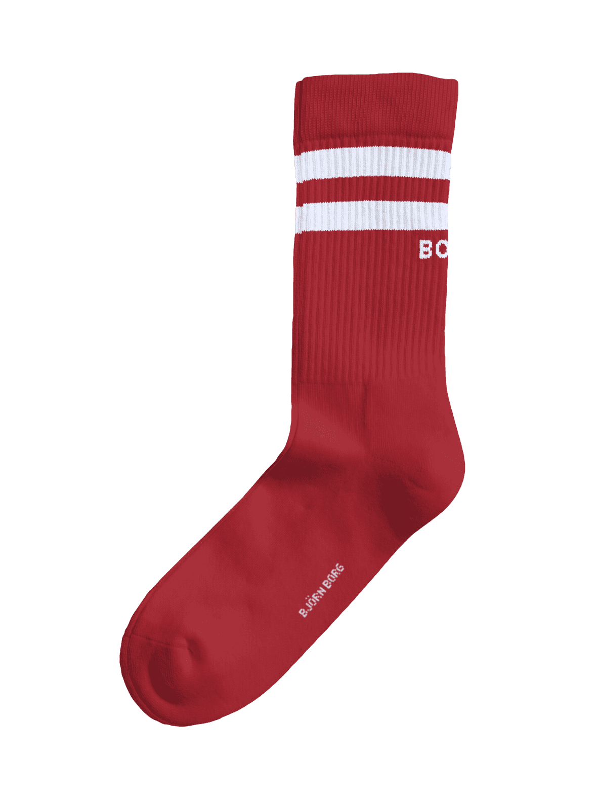 Side view of the red and white Björn Borg Classic Crew Socks 3-pack for training, with white stripes and logo. - Image 3