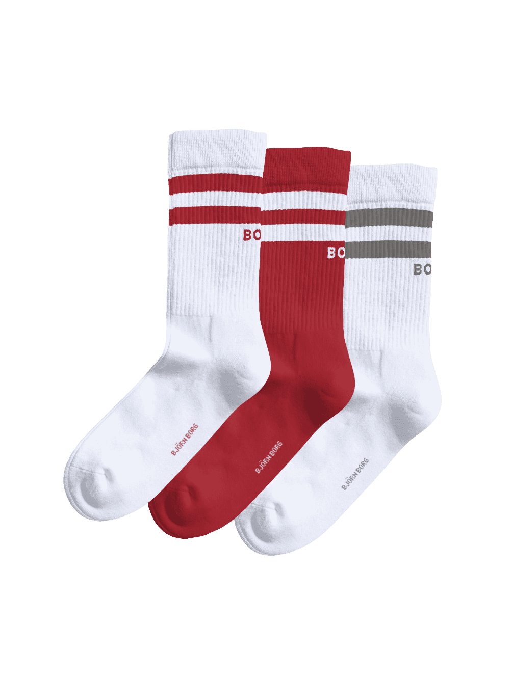 Classic Crew Socks 3-pack in red and white cotton blend, featuring a secure fit, ribbed stripes, and contrasting BORG logos. - Image 1