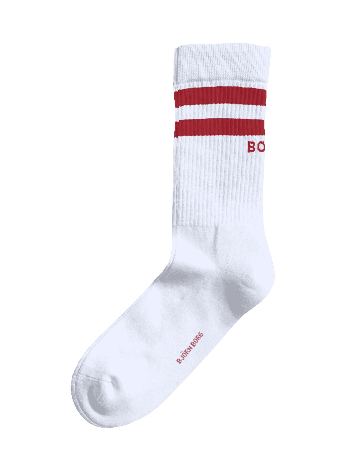 Classic Crew Socks 3-pack in white and red with ribbed cuffs, red stripes, a red BORG logo, and cushioned cotton foot. - Image 2