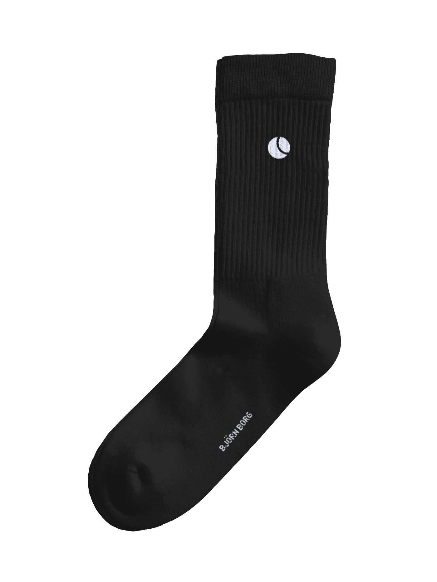 Side view of the black Classic Crew Socks 3-pack featuring a white tennis logo and ribbed cuffs. - Image 2