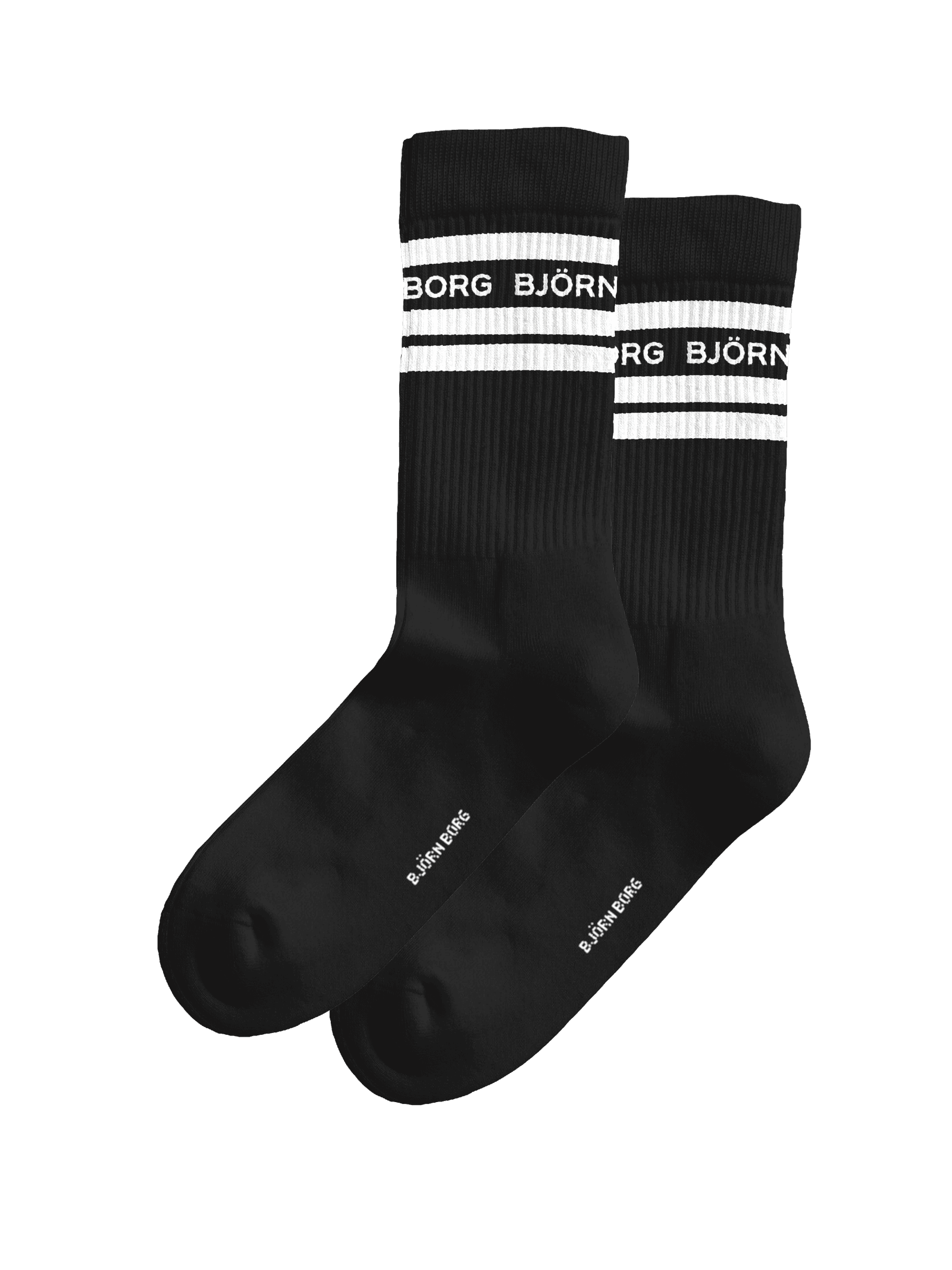 Björn Borg Classic Crew Socks 2-pack in black cotton blend with white logos, striped ribbed cuffs, and cushioned feet. - Image 1
