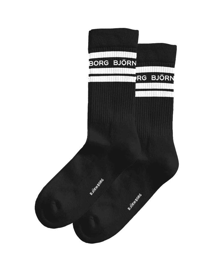 Björn Borg Classic Crew Socks 2-pack in black cotton blend with white logos, striped ribbed cuffs, and cushioned feet.