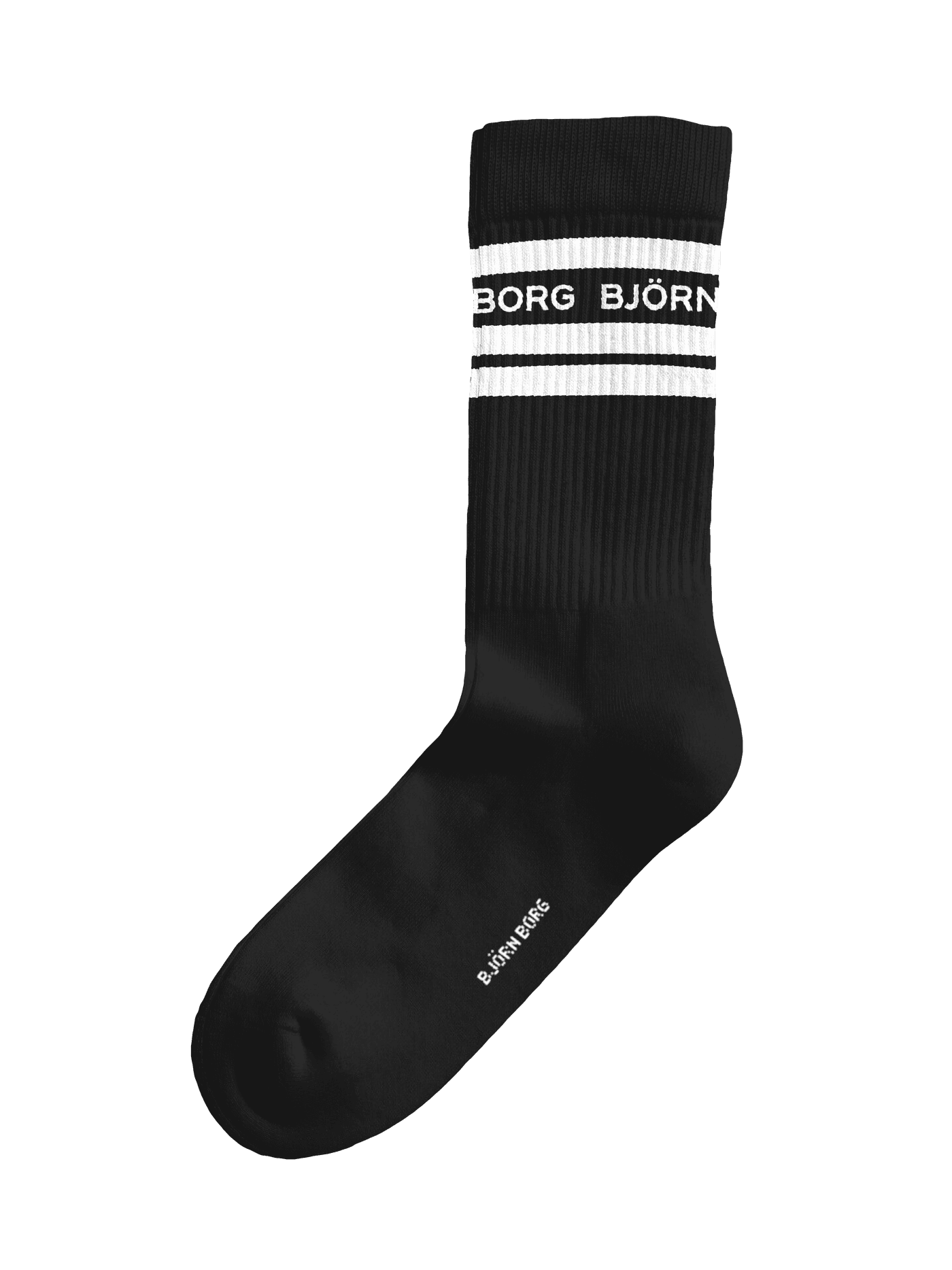 Side view of the black Classic Crew Socks 2-pack with white stripes, the Björn Borg logo, ribbed cuffs and soft cotton blend. - Image 2