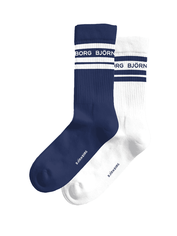 Classic Crew Socks 2-pack in marineblauw en wit van een katoenmix met geribbelde boorden en Björn Borg logo's voor tennis.