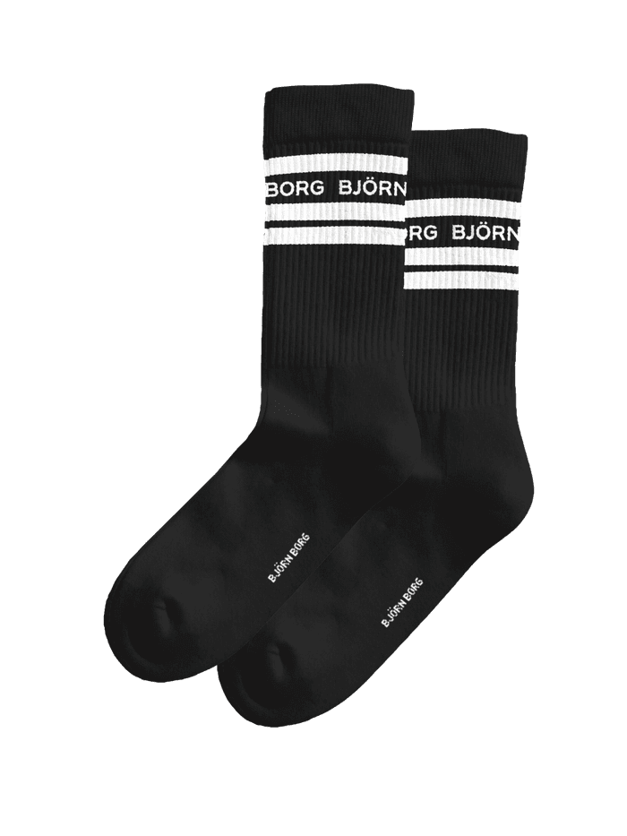 Classic Crew Socks 2-pack aus schwarzer Baumwolle mit weißen Streifen, Rippbündchen und weißem Logo in der Vorderansicht. - Image 3