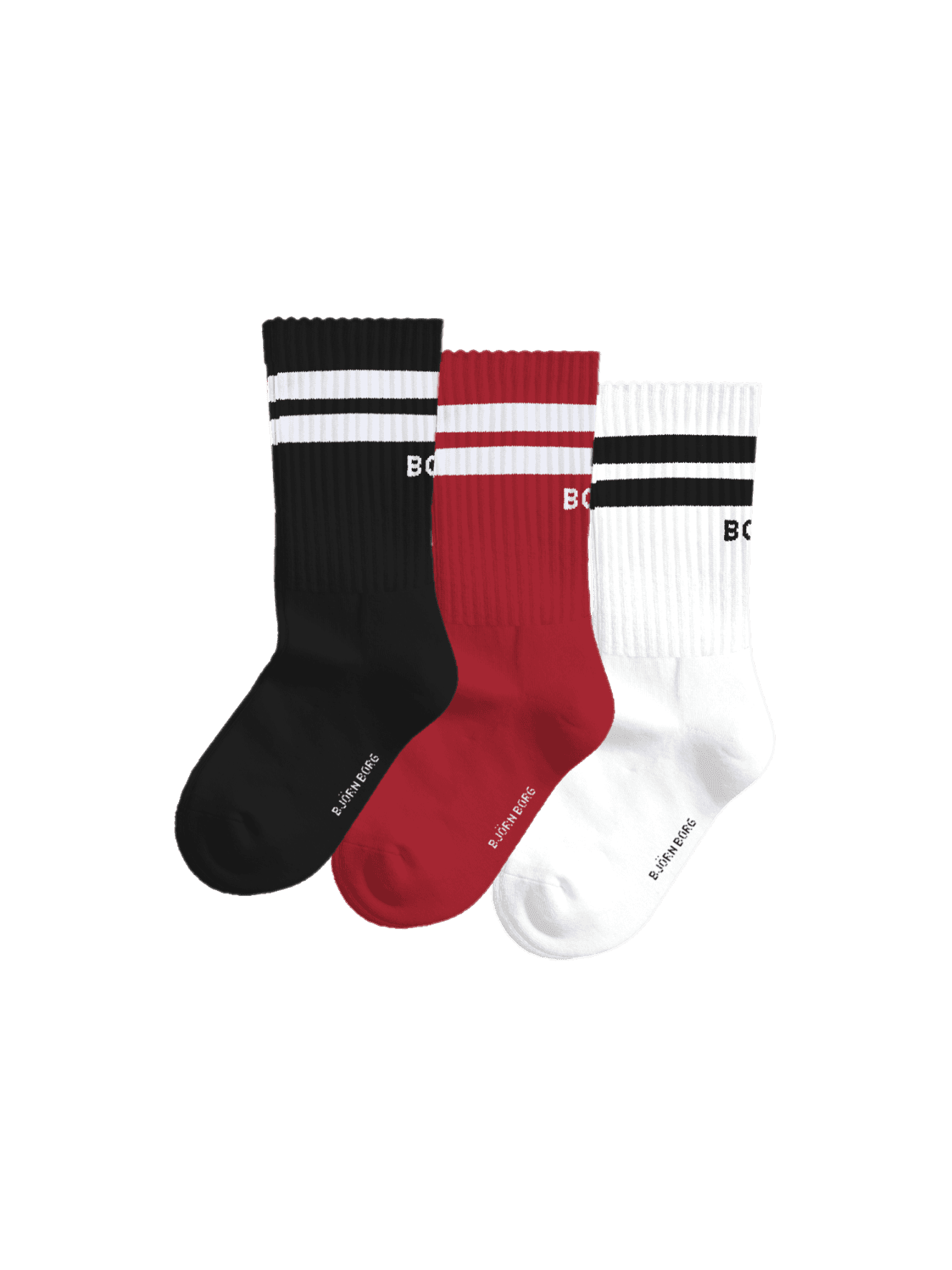 Classic Crew Socks 3-pack for kids in black, red, and white, featuring striped ribbed cuffs and contrast BORG logos. - Image 1