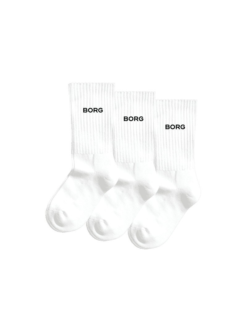 White Essential Crew Socks 3-pack for kids featuring ribbed cuffs, cushioned feet, and black BORG logos.