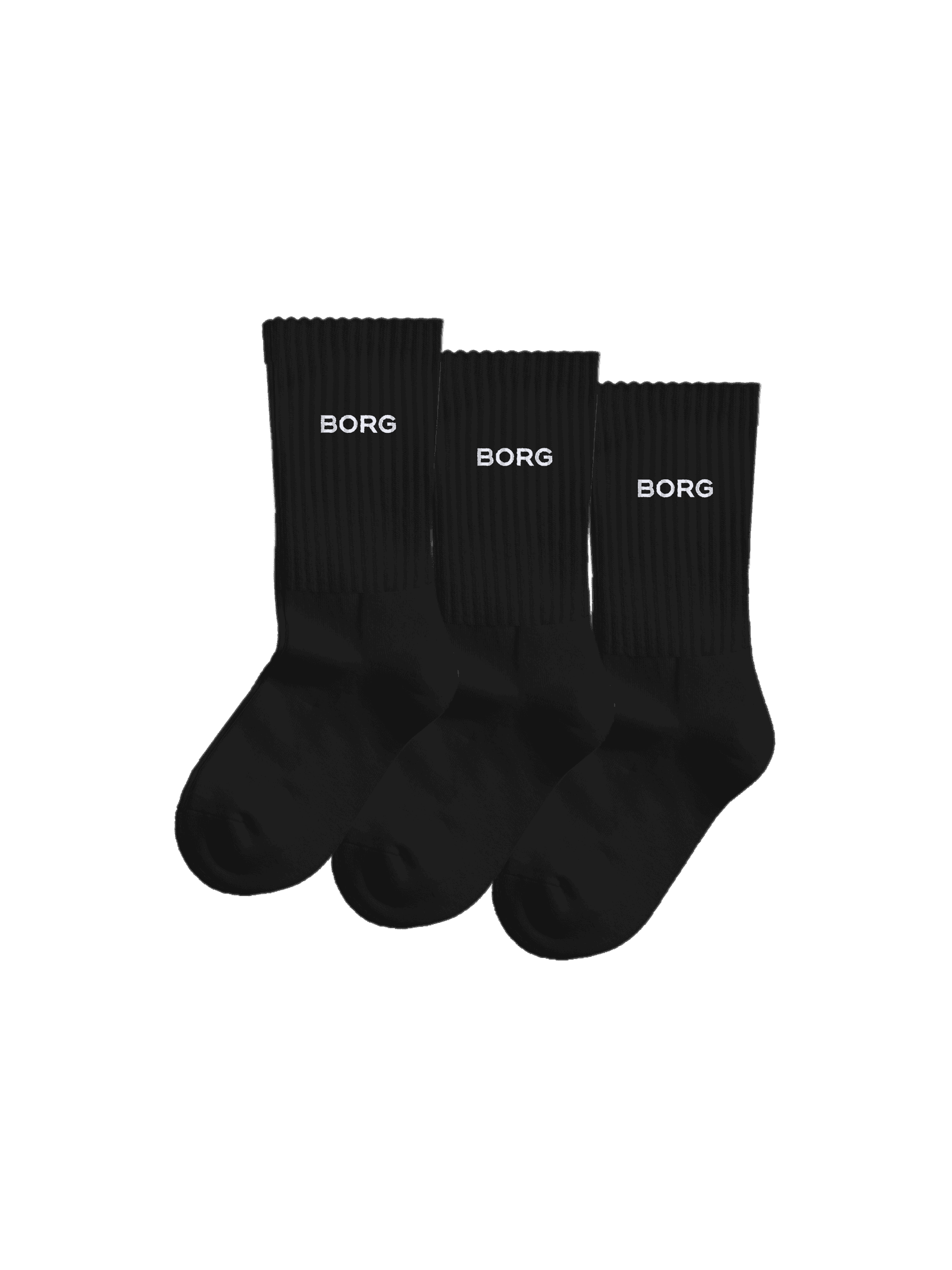 Black Essential Crew Socks 3-pack for kids featuring white BORG logos, a soft cotton blend, and ribbed cuffs. - Image 1