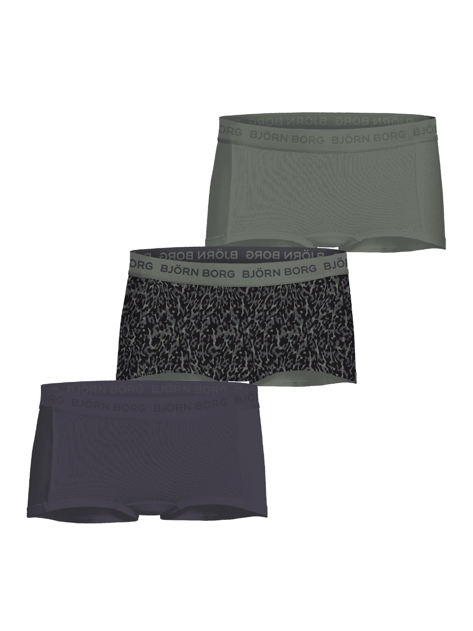 Cotton Stretch Boxer Shorts 3-pack for kids in green, animal print, and grey with tonal logo elastic waistbands. - Image 1