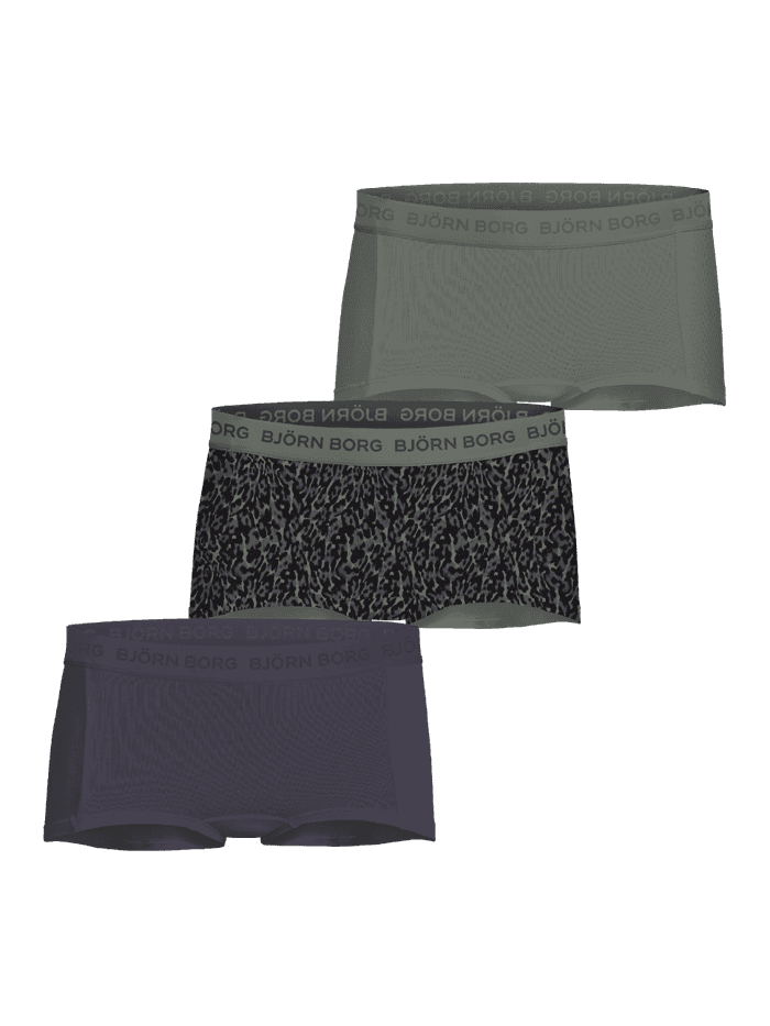 Cotton Stretch Boxer Shorts 3-pack for kids in green, animal print, and grey with tonal logo elastic waistbands.