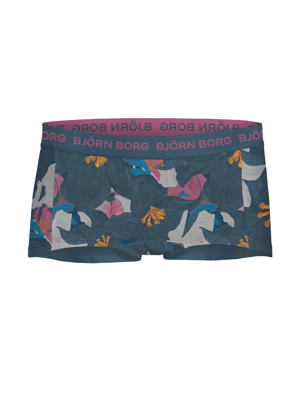 Vista frontal de Cotton Stretch Boxer Shorts 5-pack para niños en algodón, estampado floral azul marino y verde y logo rosa. - Image 4