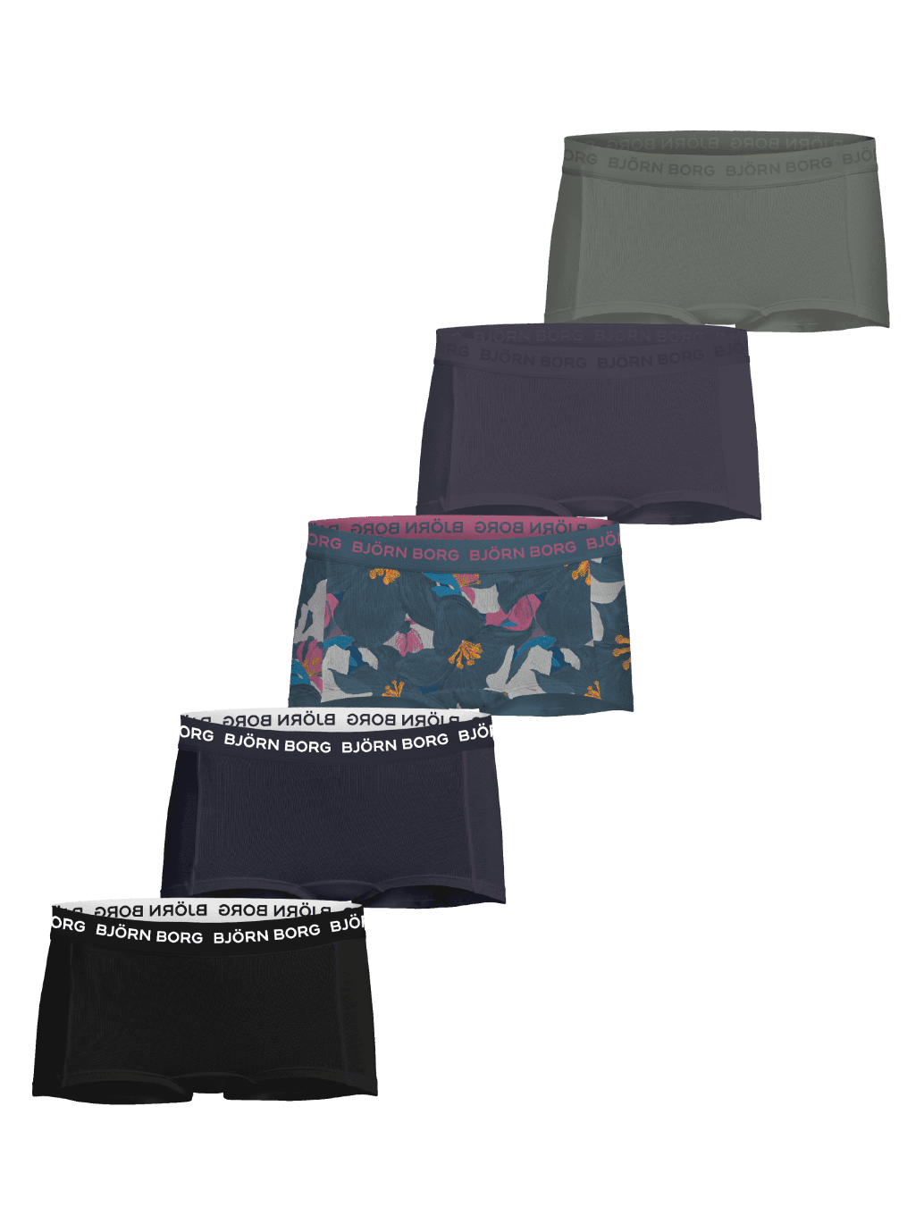 Björn Borg Cotton Stretch Boxer Shorts 5-pack for kids in black, navy blue, grey, green, and a floral print. - Image 1