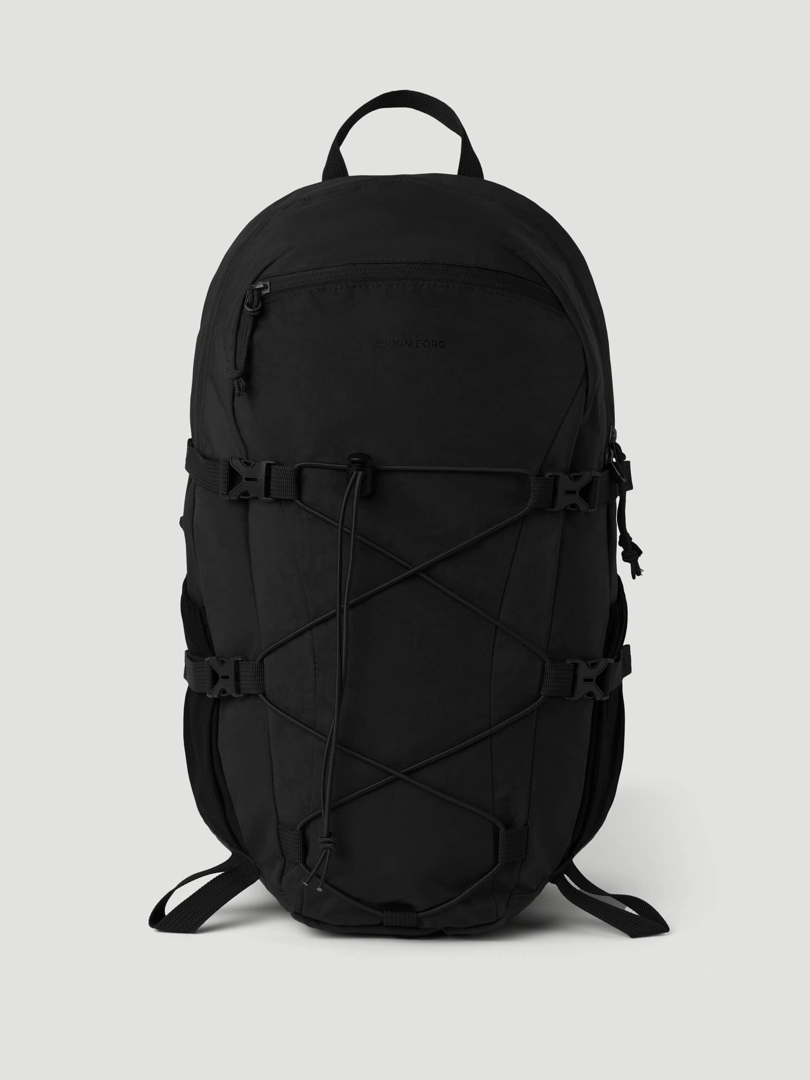 Vorderansicht des Borg Explorer Backpack 28L in Black Beauty (Schwarz), Polyamid-Trainingsrucksack mit schwarzem Logo. - Image 1