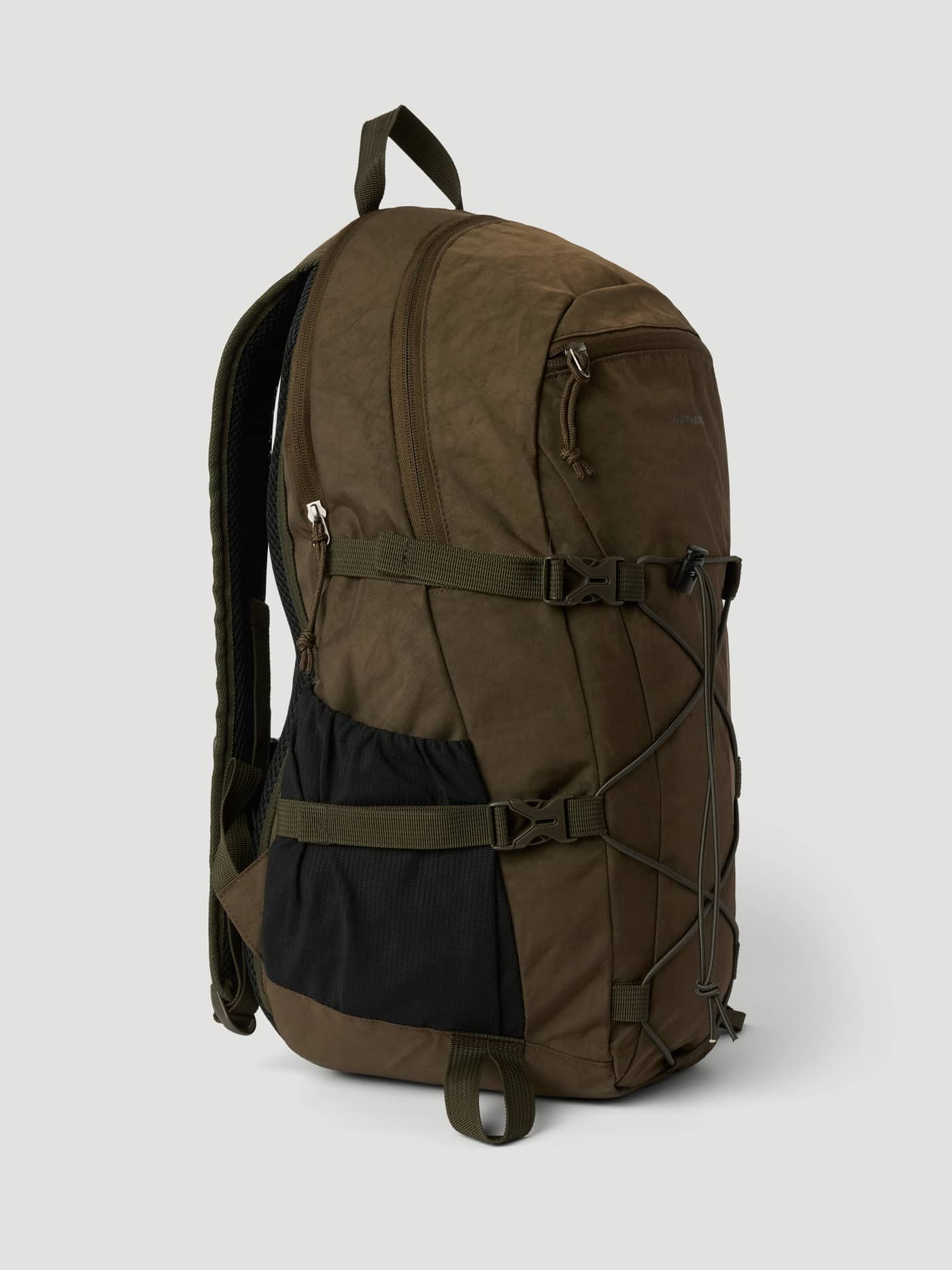 Side view of the Falcon (Brown) Borg Explorer Backpack 28L featuring adjustable straps and mesh pockets for training. - Image 3