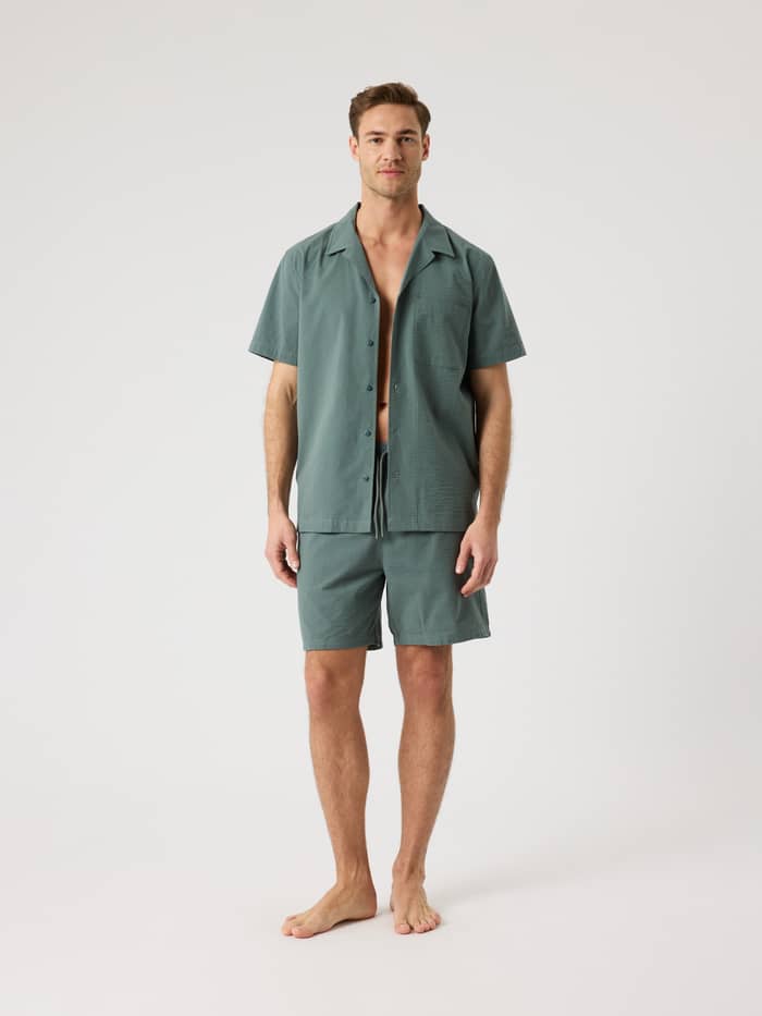Full-body front view of a man wearing the Borg Seersucker Resort Shirt in Balsam Green (Green) and matching shorts.