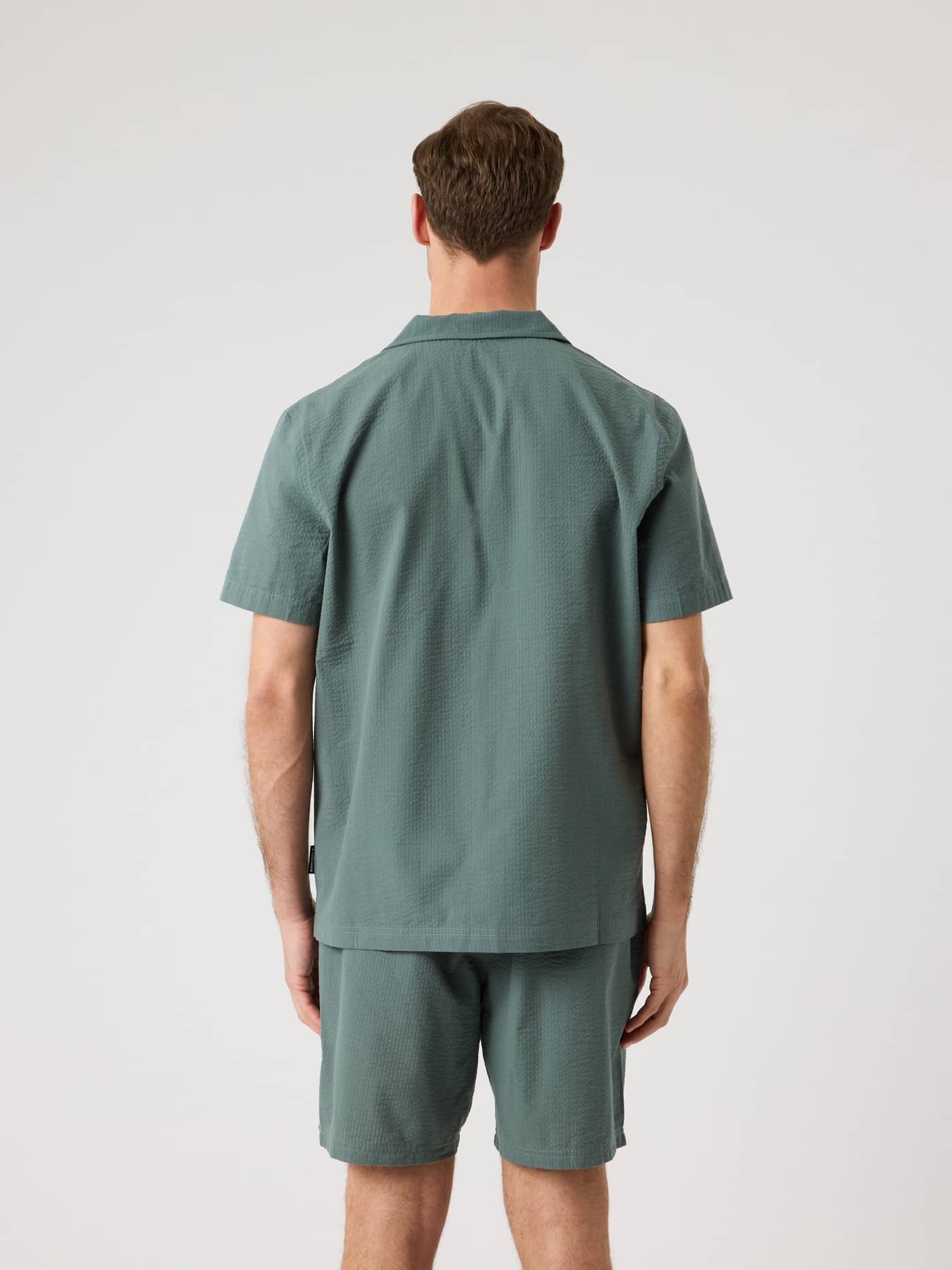 Vista posterior de un hombre con la Borg Seersucker Resort Shirt en Balsam Green (Verde) de algodón orgánico texturizado. - Image 3