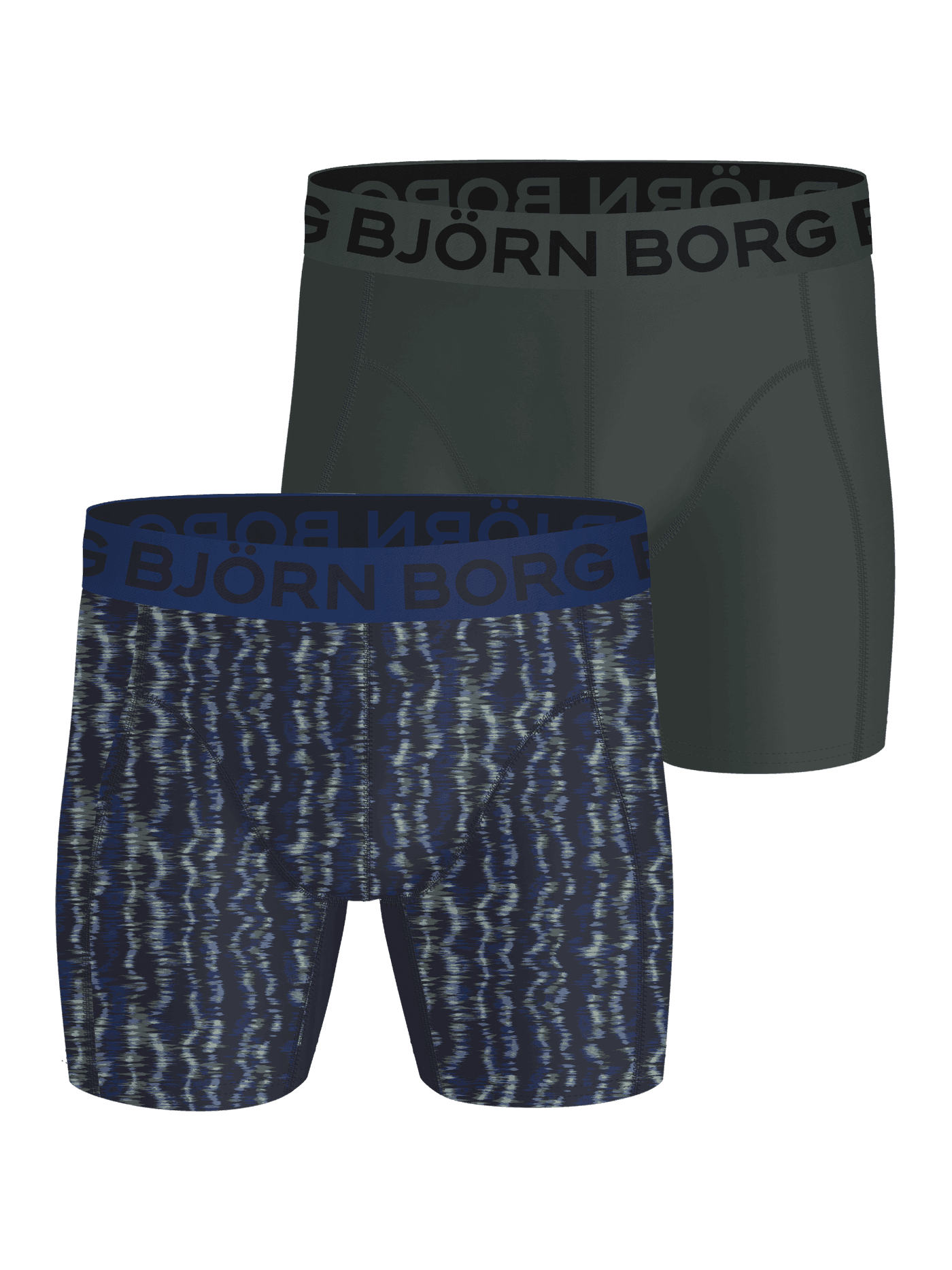 Sports Lightweight Boxers 2-pack for kids in green and multi-colored print training boxer briefs with black and navy logos. - Image 1