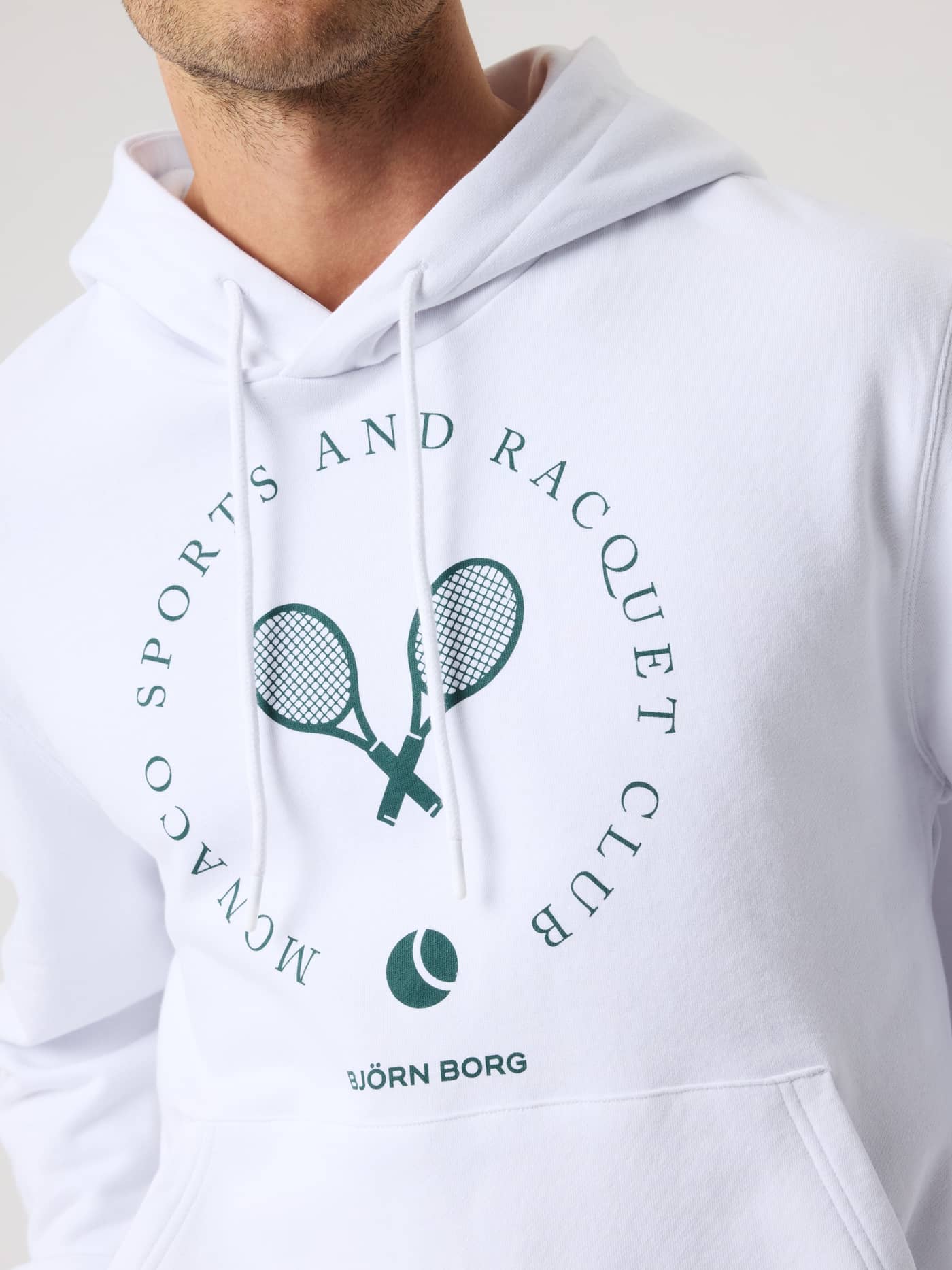 Close-up of the men's cotton Borg Classic Print Hoodie in Brilliant White (White) with a tennis racquet chest graphic. - Image 6