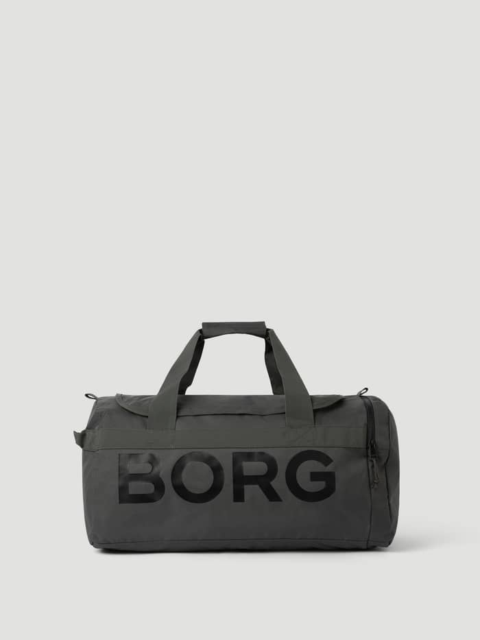 Vue de face du Borg Logo Sports Bag 40L en Forest Night (Vert) avec un logo noir, idéal pour l'entraînement.