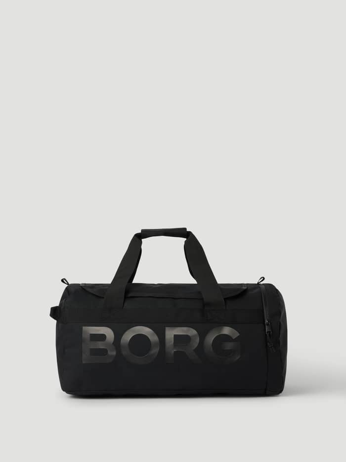 Vue de face du Borg Logo Sports Bag 40L en Black Beauty (Noir) avec logo tonal noir pour le training.