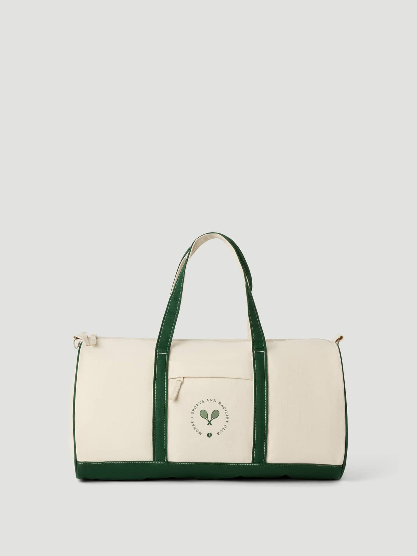 Vorderansicht der Ace Canvas Sports Bag 40L in Egret (Weiß) aus Baumwoll-Canvas mit grünem Besatz für Tennis. - Image 2