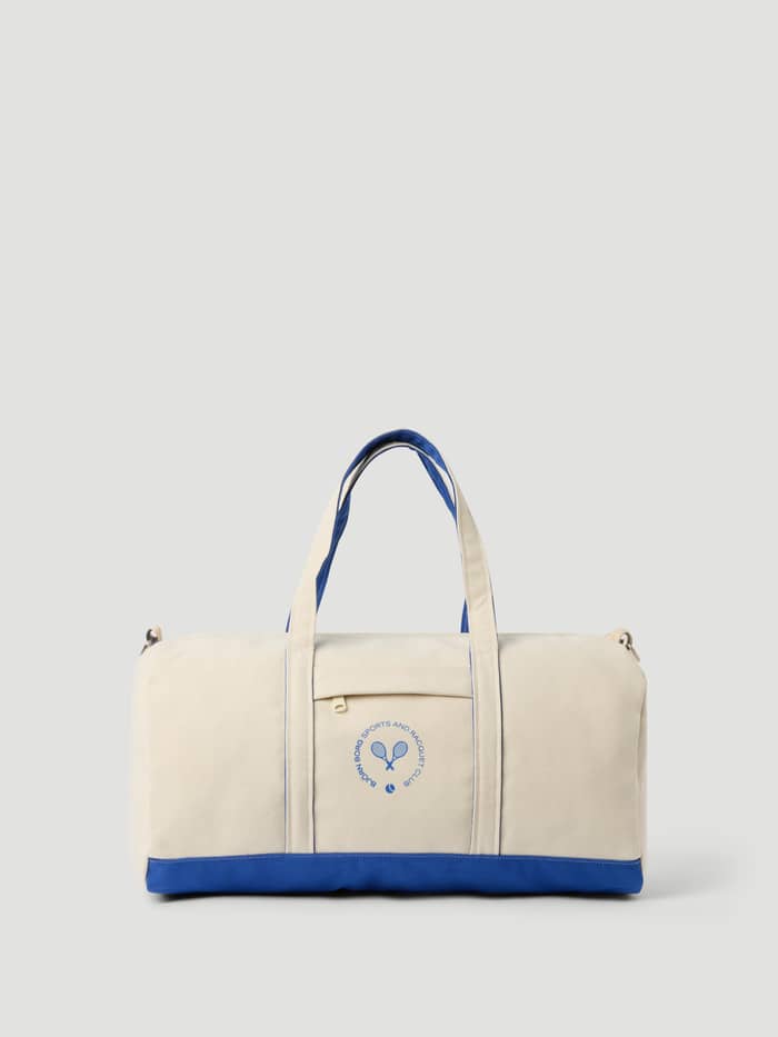 Ace Canvas Sports Bag 38L in Egret (White) with blue accents and tennis logo, designed for training and gym sessions.