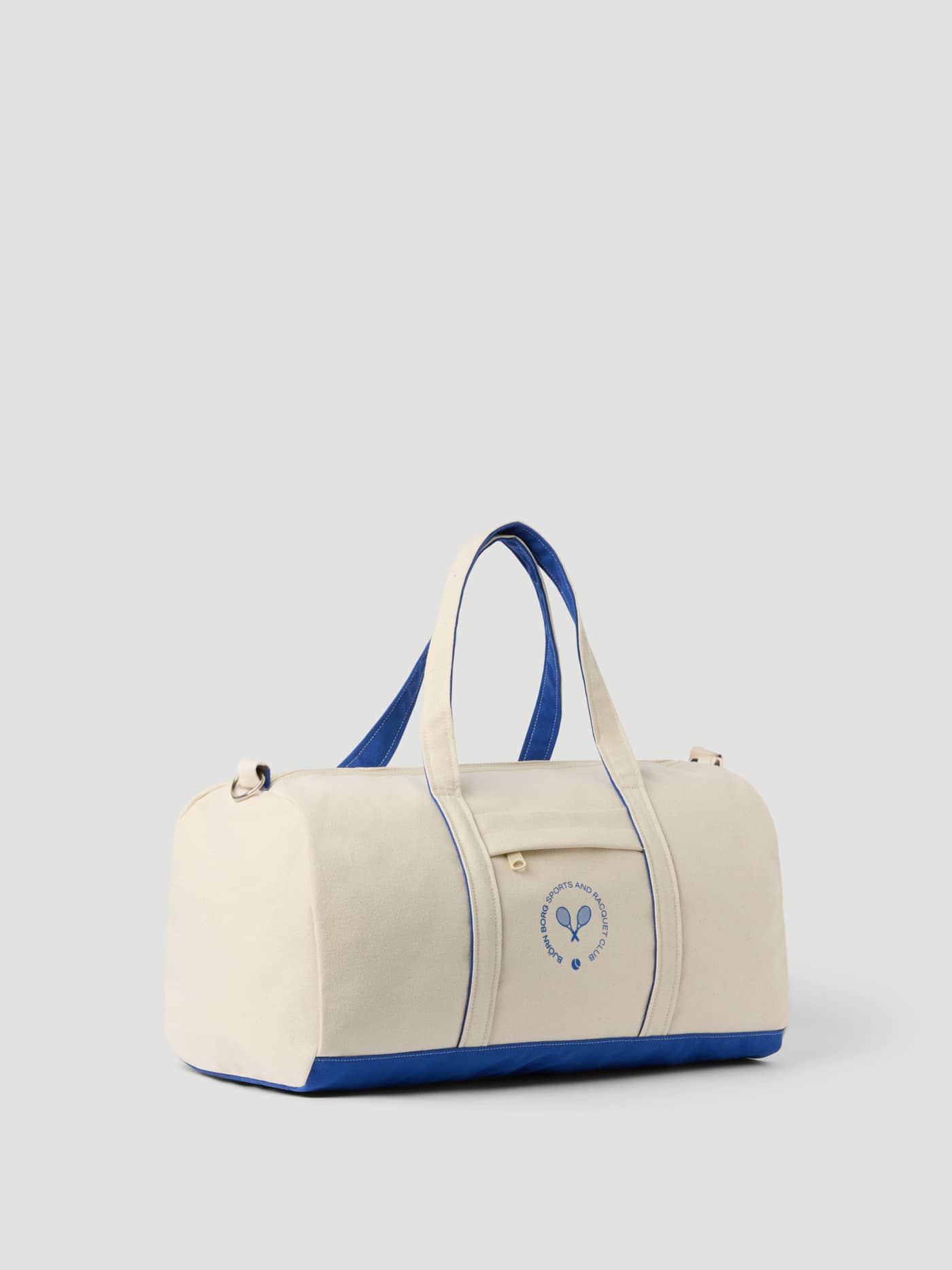 Ace Canvas Sports Bag 38L in Egret (White) cotton canvas with blue accents and logo, designed for tennis and training. - Image 2