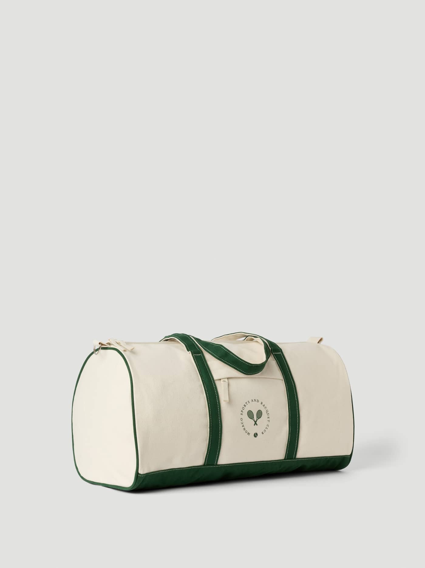 Ace Canvas Sports Bag 40L in Egret (Weiß) aus Baumwoll-Canvas mit grünen Riemen und grünem Tennis-Club-Logo. - Image 3