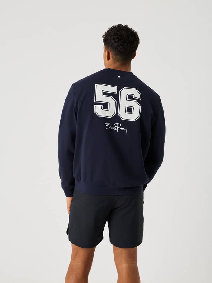 Back view of the cotton Borg Classic Print Sweatshirt in Night sky (Navy) with a large 56 print and tennis embroidery.