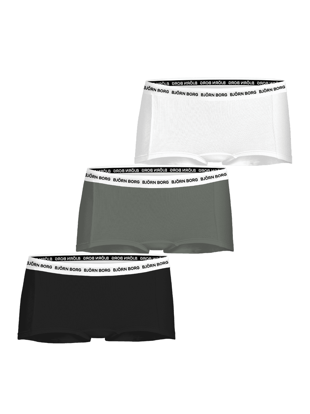 Front view of the kids' Cotton Stretch Logo Boxer Shorts 3-pack in white, green, and black, featuring a logo waistband. - Image 1