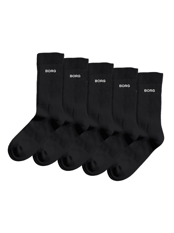 Essential Crew Socks 5-pack noires avec logo BORG blanc, bords côtelés et semelles rembourrées alliant style et confort.
