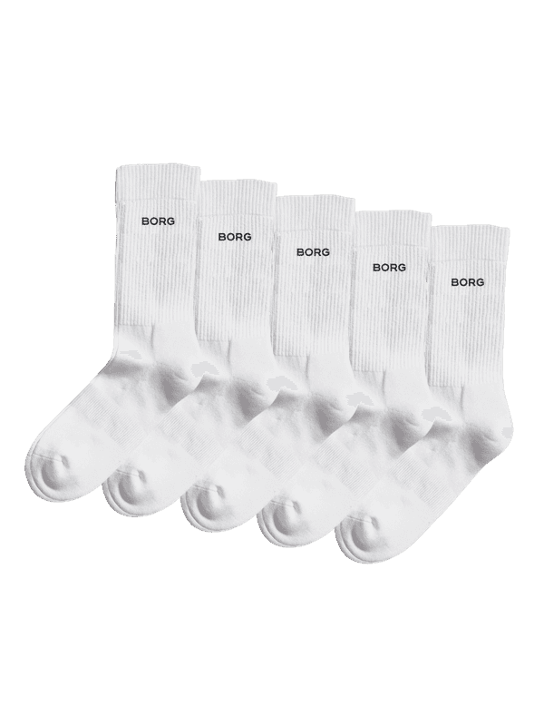 Essential Crew Socks 5-pack en Blanc avec bords côtelés et logos BORG noirs en coton doux rembourré.